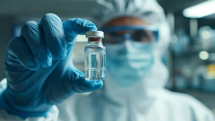 Scientist in biohazard suit holding a vaccine vial. Woman doctor develops a new coronavirus drug. Medical research in laboratory footage. - Powered by Adobe