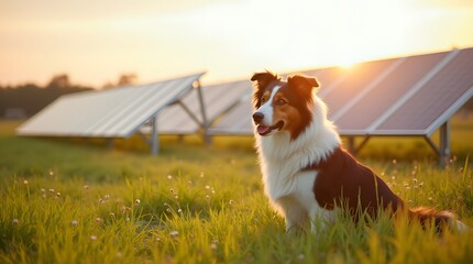 Tri-colored dog with field in the evening during sunset against the background of solar panels in the field. A dog sitting in the grass near a solar panel farm.