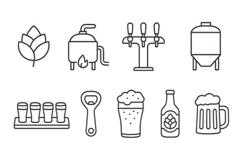 Beer, brewery linear icon set. craft brewing, beverage industry line graphics