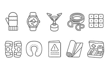 Camping line icon set. outdoor gear, adventure hiking essentials in outline style
