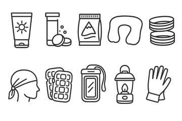 Camping essentials outline icon set: lantern, backpack, fuel, glove, flat icons
