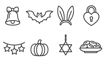 Holiday celebration outline icon set. festive and seasonal outline symbols collection