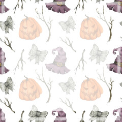 Watercolor Halloween frame with space for text. Hand drawn square frame. Illustrations of Halloween pumpkin, witch hat. branches and bows. Design for postcards, invitations, posters.