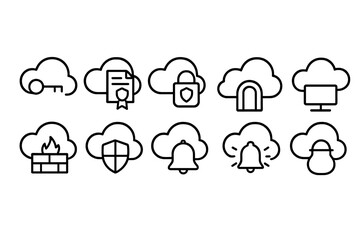 Cloud security line icon set. secure, protection, privacy, data, shield, safety, defense