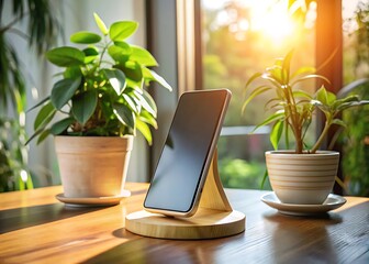 A modern smartphone rests on a wooden stand amidst potted plants on a wooden table, illuminated by sunlight