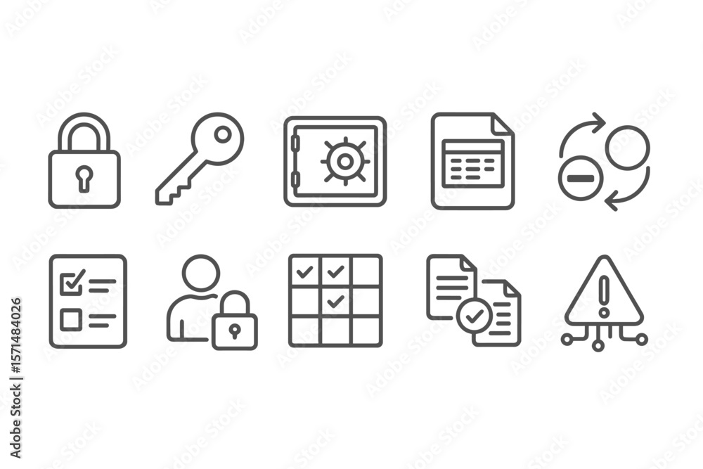 Poster security, privacy linear icon set. cybersecurity, data protection icons for secure systems