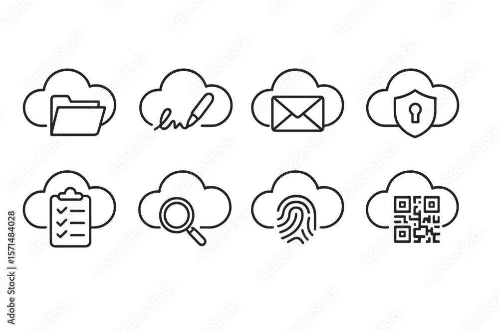 Aufkleber cloud computing, security line icon set. data, network management icons collection
