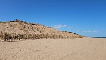 Coastal Protection Wooden Dune Fence on Sandy Beach on a sunny day 