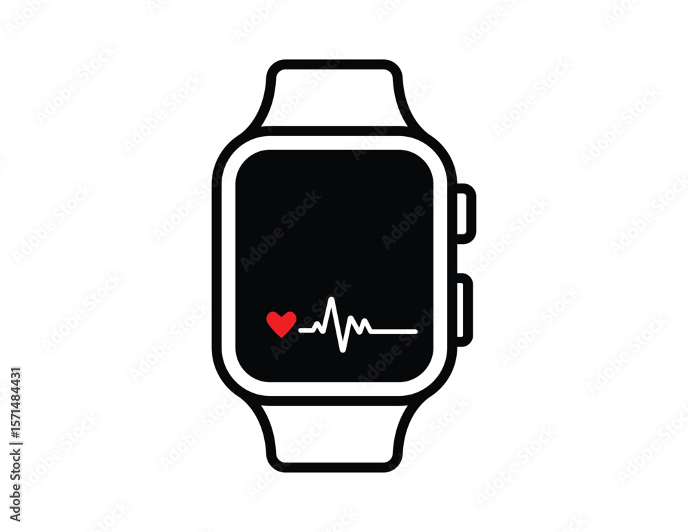 Poster smartwatch displaying heart rate and pulse line isolated on white background