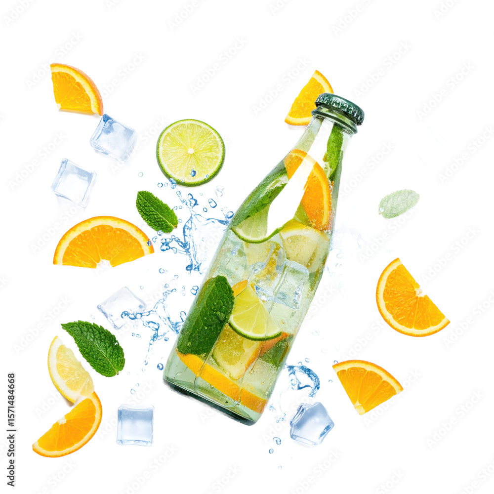 Poster refreshing infused water bottle with floating orange lime and mint against a transparent background 