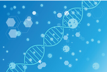 DNA strand with virus cells and hexagon pattern on blue biotech background