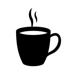 A steaming cup of coffee, a black and white silhouette design