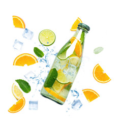 Refreshing Infused Water Bottle with Floating Orange Lime and Mint against a Transparent Background Isolated Transparent Background