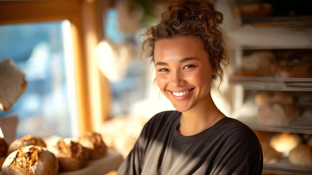 Bakery staff member restocking fresh bread in a bright shop
