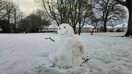 Smiley melting snowman on the snow with two wood stick with trees in the background