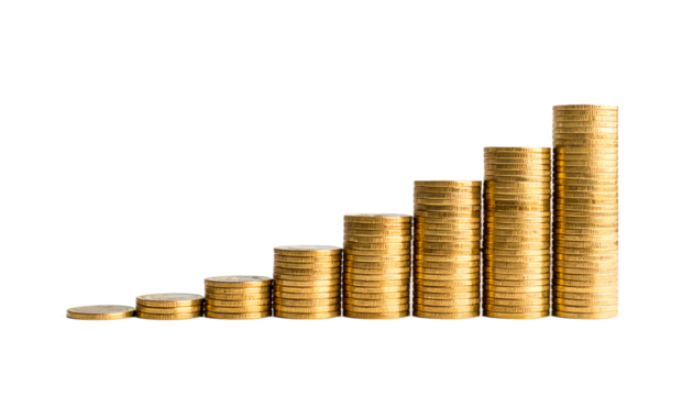 Rising Gold Coin Stacks Representing Financial Growth on Black Background Isolated Transparent Background