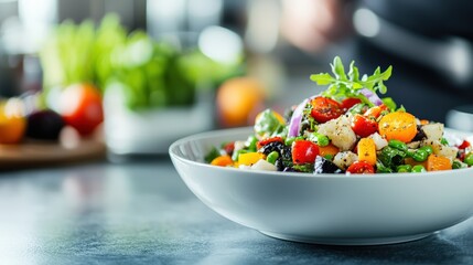 Professional chef preparing fresh gourmet salad with colorful vegetables, feta cheese and arugula in modern restaurant kitchen
