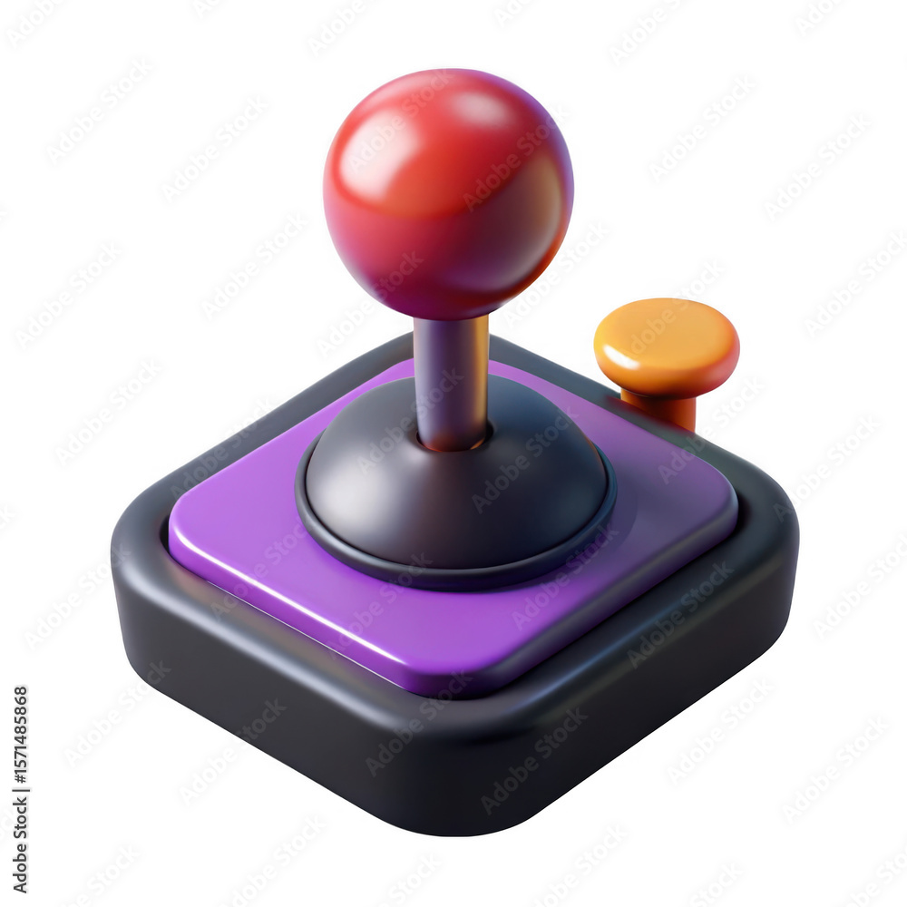 Poster stylized 3d retro joystick with red ball and orange button isolated on transparent background