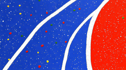 Abstract painting detail: blue, red, and white curved lines with scattered dots.