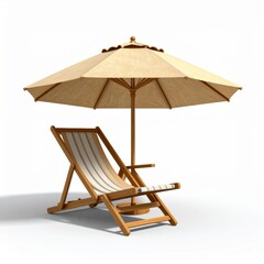 Empty Beach Chair With Umbrella On White Background