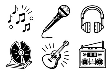 A collection of musical instruments and symbols isolated on white
