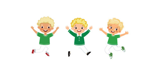 Three happy boys jumping with joy children