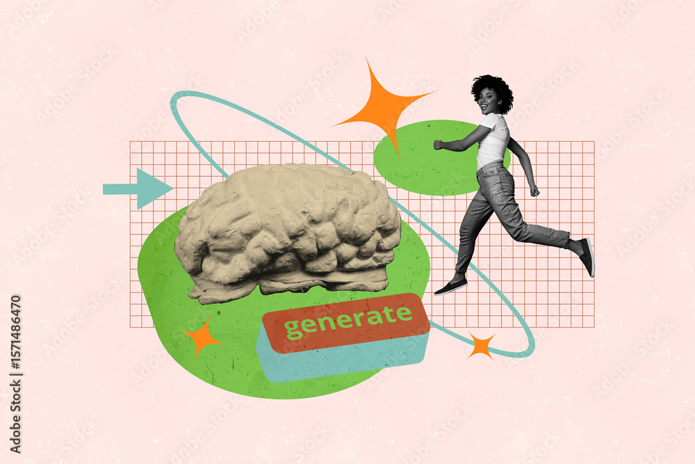 Poster art image full 3d pop photo collage of happy girl guy run brain organ artificial intelligence app so