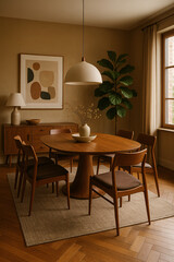 Mid-century modern dining room, warm tones, natural light, wooden table and chairs, minimalist decor.