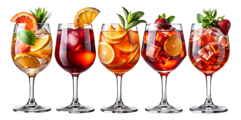 Bar Menu Cocktails PNG Set: Negroni, Aperol Spritz, Gin Tonic, and Sangria in Old Fashioned and Wine Glasses"