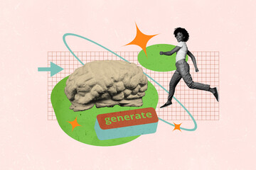 Art image full 3d pop photo collage of happy girl guy run brain organ artificial intelligence app...