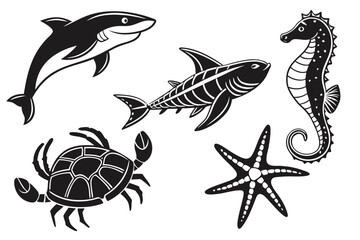 Naklejka premium A shark, seahorse, crab, and starfish isolated on white background