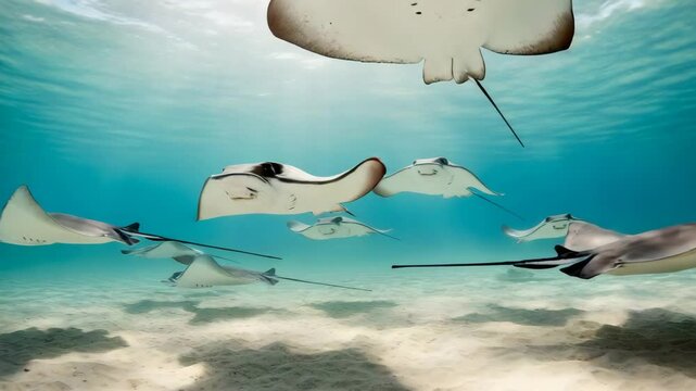  School of stingrays gracefully swimming in shallow, clear turquoise ocean waters over a sandy seabed, showcasing vibrant marine life and ecosystem