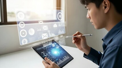  Focused businessman interacting with a tablet and holographic data interfaces, symbolizing business analytics, digital marketing, and technological innovation - Powered by Adobe