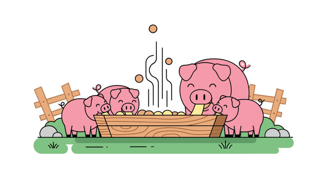 Cute cartoon illustration of a family of pigs happily eating from a wooden trough in a farmyard setting with a wooden fence and grassy ground
