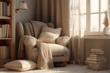 Obraz premium Cozy Reading Nook with Armchair, Books, and Blanket