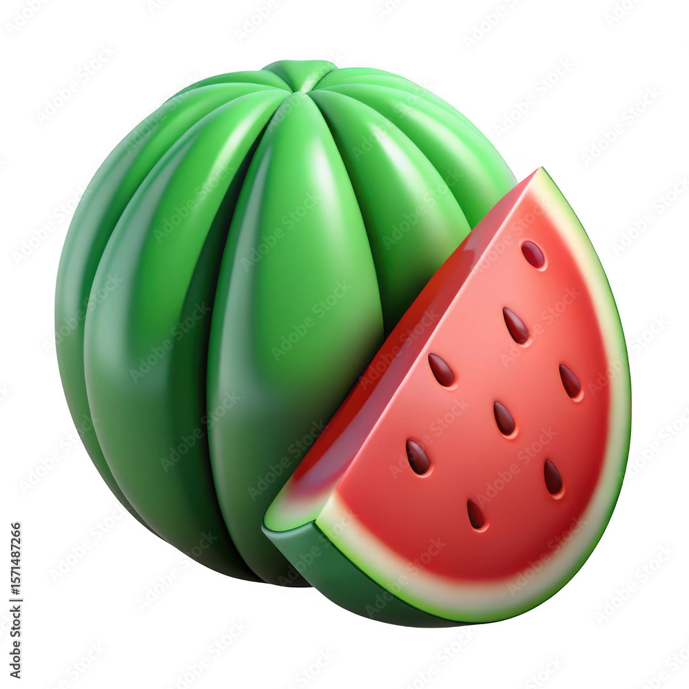 Poster 3d watermelon and slice isolated on transparent background