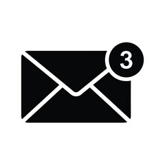 A black envelope icon with a notification showing three unread emails isolated on white background