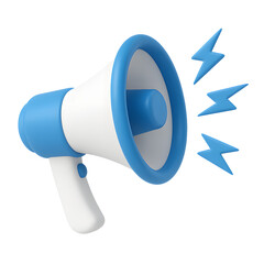 3D blue and white megaphone icon with sound waves symbol representing announcement and communication, isolated on transparent background