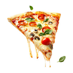Delicious pizza slice with toppings floating in the air isolated on transparent white background, clipping path