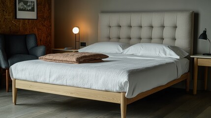 Modern Beige Upholstered Bed with White Bedding in Cozy Bedroom