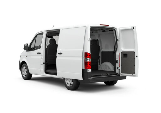 A white van with open doors on a white background showing the interior and rear of the vehicle