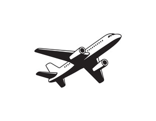 Stylized black and white illustration of a passenger jet airplane in flight isolated on white background