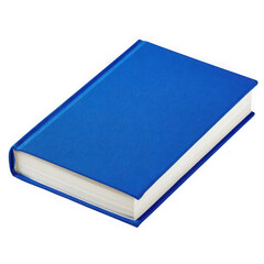 A closed blue hardcover book with white pages lies on a transparent background isolated on transparent background