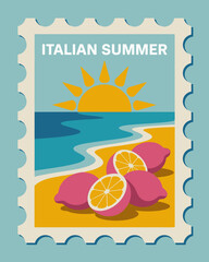 Italian summer lemon and orange stamp, sunny beach scene, citrus fruit, Mediterranean travel, vintage vacation, retro vector art