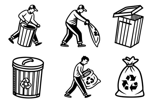 Man collecting trash in bags and bins isolated on white background