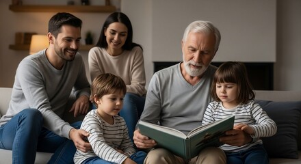Grandfather Reading Storybook to Grandchildren with Family Present