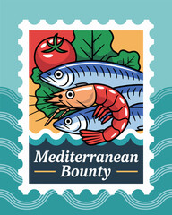 Mediterranean bounty stamp, fish and tomato illustration, Italian cuisine, coastal travel, vintage vacation, retro vector art