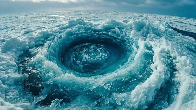 Frozen vortex in icy sea, swirling water meets arctic ice