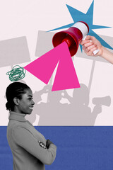 Trend template 3D photo collage of young woman smile huge hand hold megaphone crowd banner election...