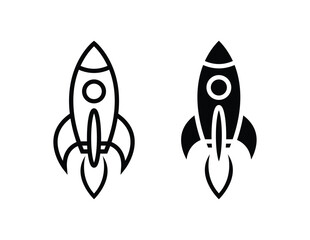 Two simple rocket ship icons one outlined and one solid isolated on white background